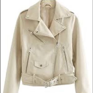 Zara Beige Leather Biker Jacket
